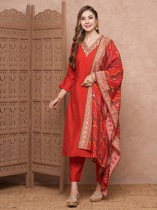 Solid Mirror, Gotapatti & Zari Embroidered Kurta with Pants & Dupatta - Red