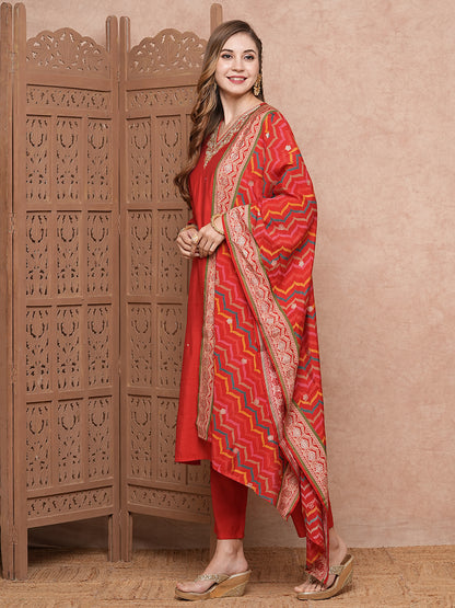 Solid Mirror, Gotapatti & Zari Embroidered Kurta with Pants & Dupatta - Red