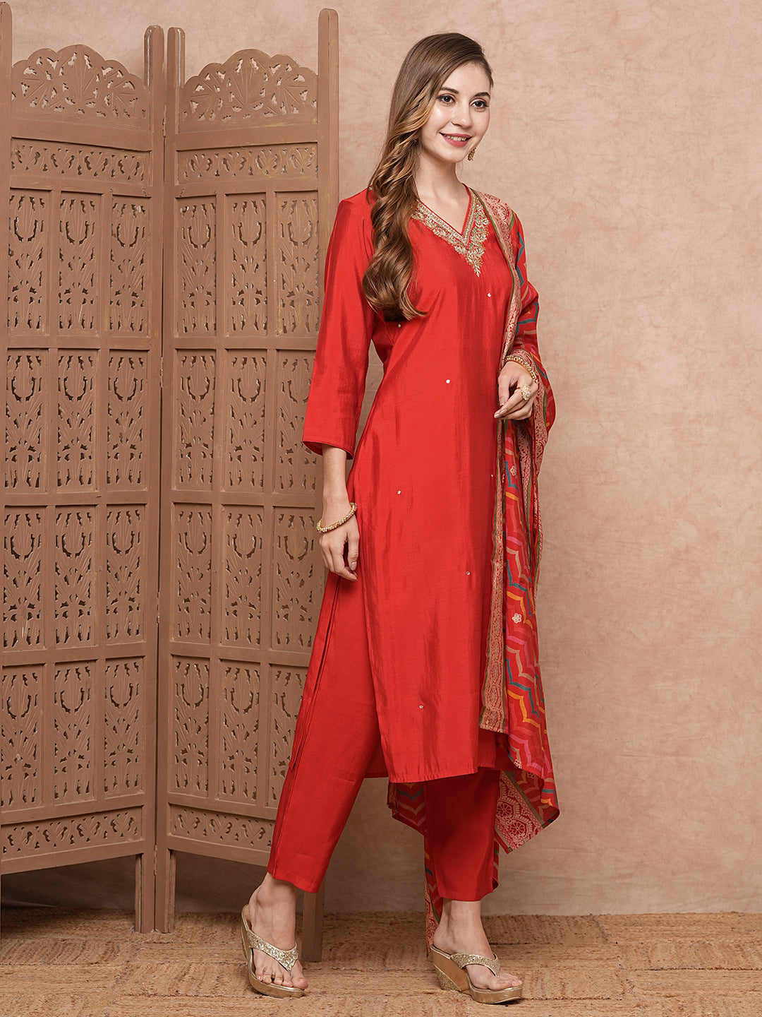 Solid Mirror, Gotapatti & Zari Embroidered Kurta with Pants & Dupatta - Red