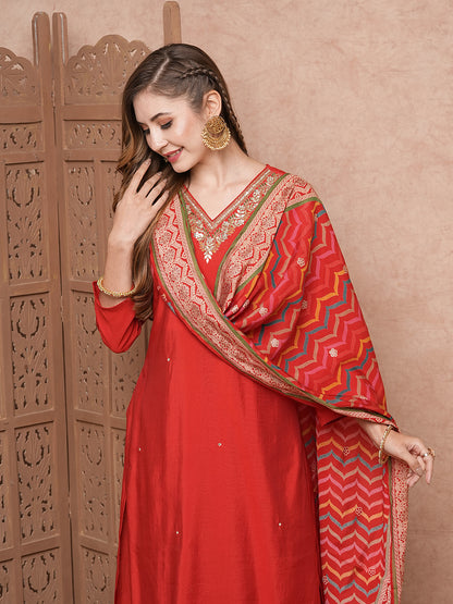 Solid Mirror, Gotapatti & Zari Embroidered Kurta with Pants & Dupatta - Red