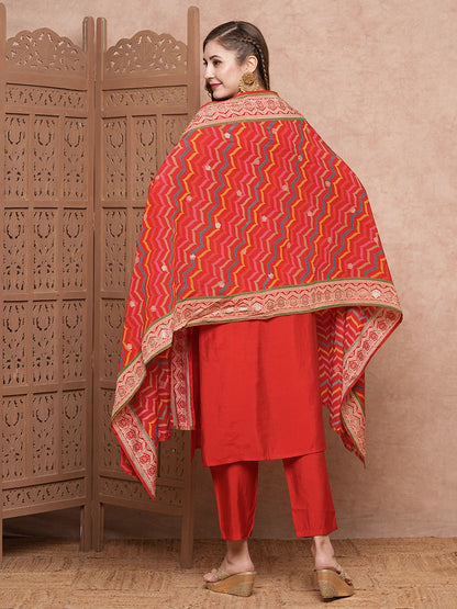 Solid Mirror, Gotapatti & Zari Embroidered Kurta with Pants & Dupatta - Red