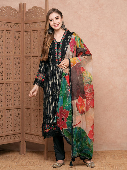 Shibori Printed Resham Embroidered Crochet Lace Work Kurta with Pants & Dupatta - Black