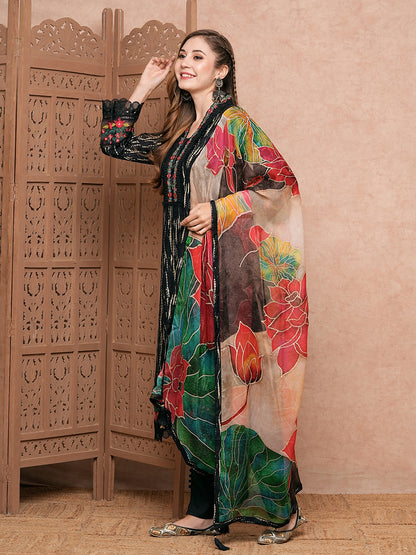 Shibori Printed Resham Embroidered Crochet Lace Work Kurta with Pants & Dupatta - Black