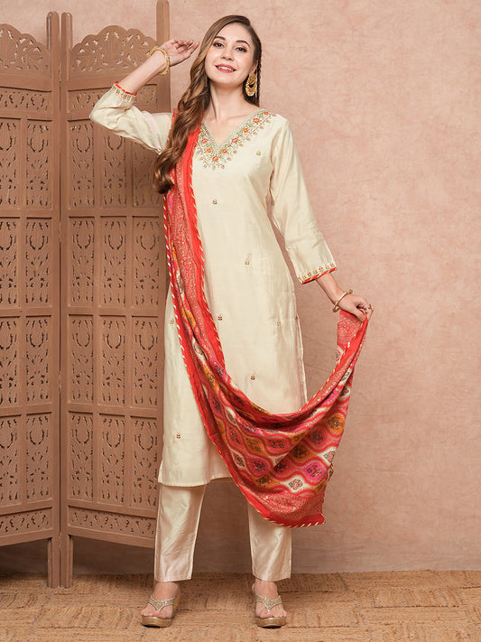 Solid Mirror & Zari Embroidered Kurta with Pants & Foil Printed Dupatta - Cream