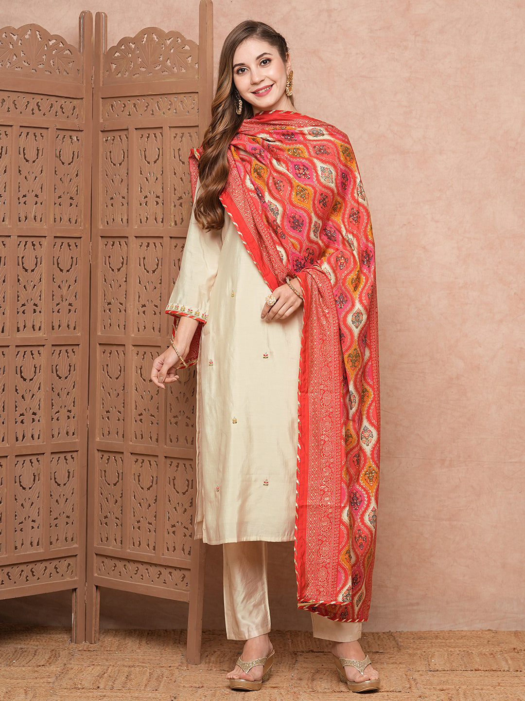 Kurta Set - Cream Colour And Red Solid Kurta with Trousers & Dupatta - Indian Dress - Kurti With Palazzos - Women Kurta hotsell Set - Party Wear