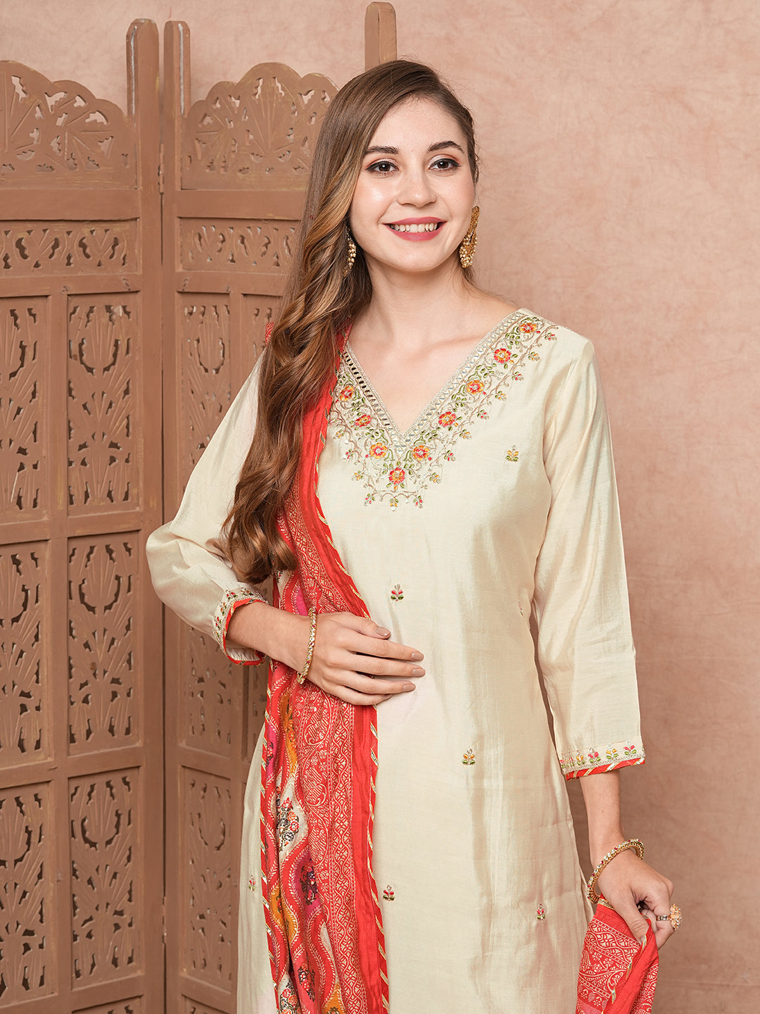 Solid Mirror & Zari Embroidered Kurta with Pants & Foil Printed Dupatta - Cream