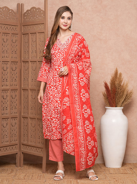 Abstract Printed Mirror & Sequins Embroidered Kurta with Pants & Dupatta - Red