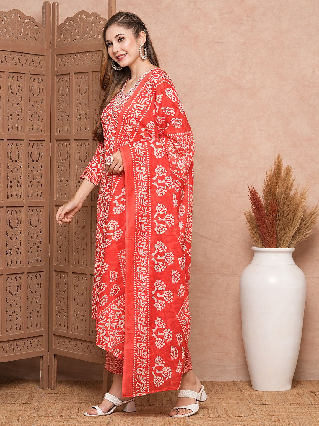 Abstract Printed Mirror & Sequins Embroidered Kurta with Pants & Dupatta - Red