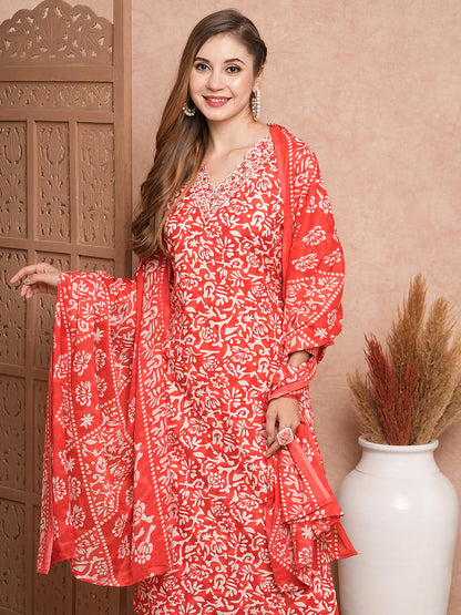 Abstract Printed Mirror & Sequins Embroidered Kurta with Pants & Dupatta - Red