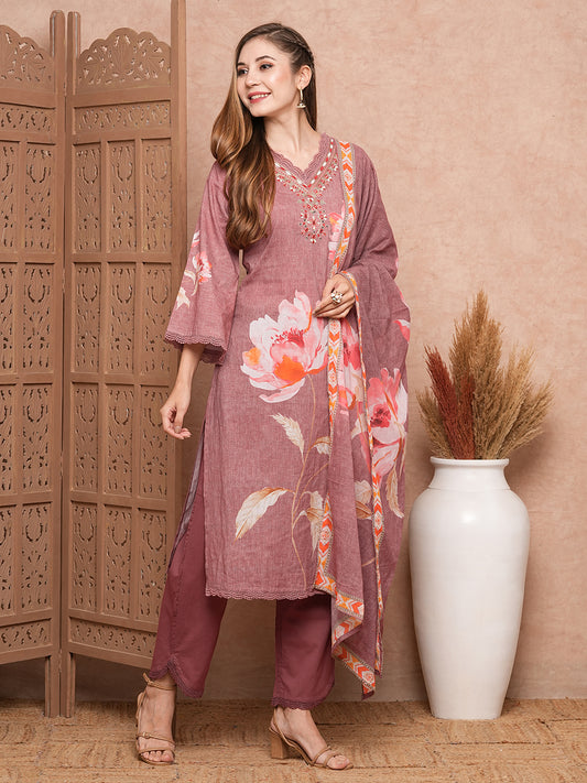 Abstract Floral Printed & Embroidered Kurta with Pant & Dupatta - Mauve