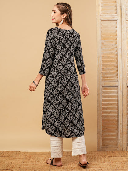 Ethnic Bandhani Printed Straight Fit Cotton Kurta - Black