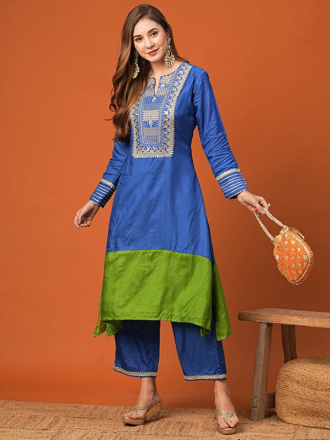 Ethnic Zari Embroidered Colorblocked A-Line High-Low Kurta with Palazzo - Blue