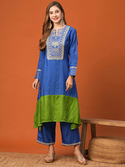 Ethnic Zari Embroidered Colorblocked A-Line High-Low Kurta with Palazzo - Blue