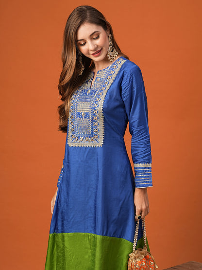 Ethnic Zari Embroidered Colorblocked A-Line High-Low Kurta with Palazzo - Blue