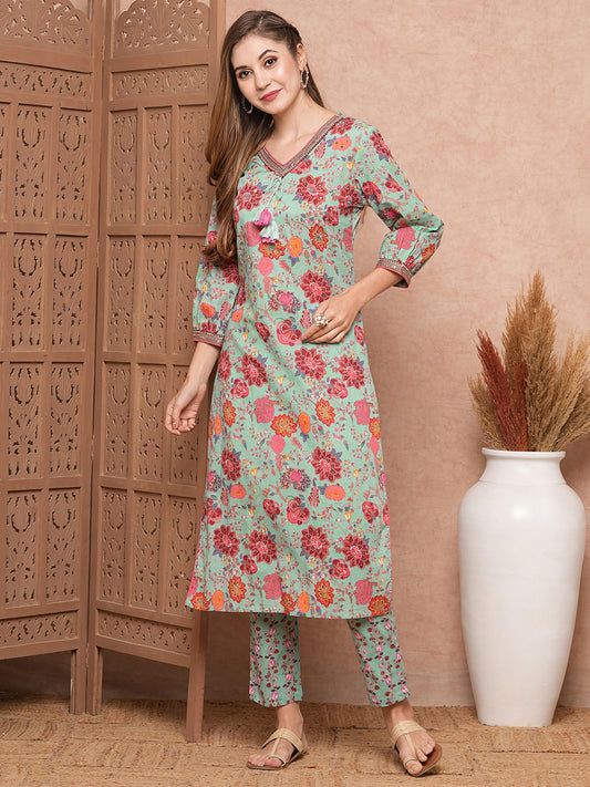 Floral Printed Mirror, Zari & Sequins Embroidered Kurta with Pants - Sea Green