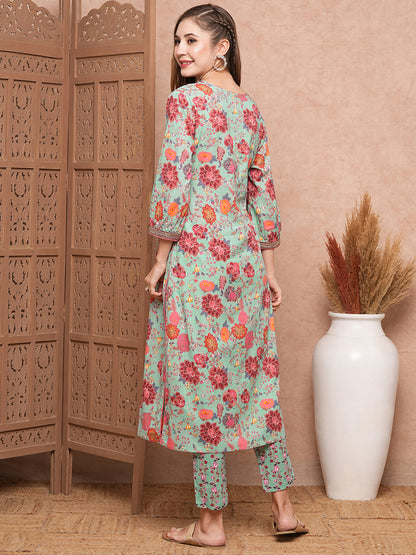 Floral Printed Mirror, Zari & Sequins Embroidered Kurta with Pants - Sea Green