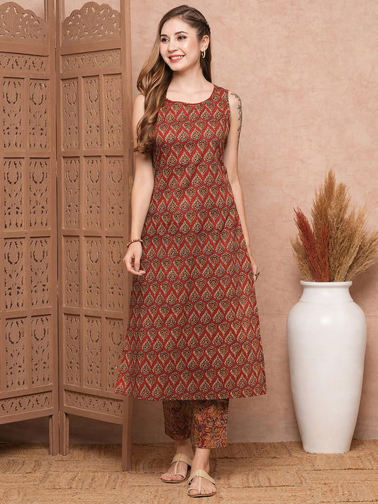 Ethnic Printed Straight Fit Kurta with Pant - Rust
