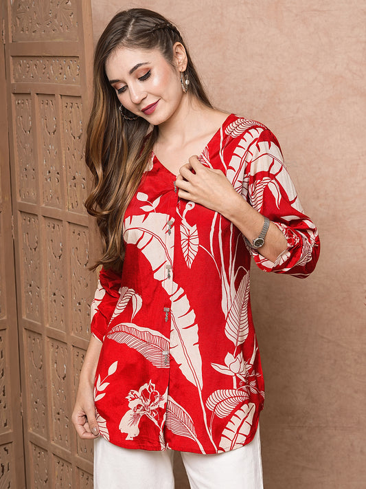 Abstract Floral Printed Straight Fit Kurti - Red