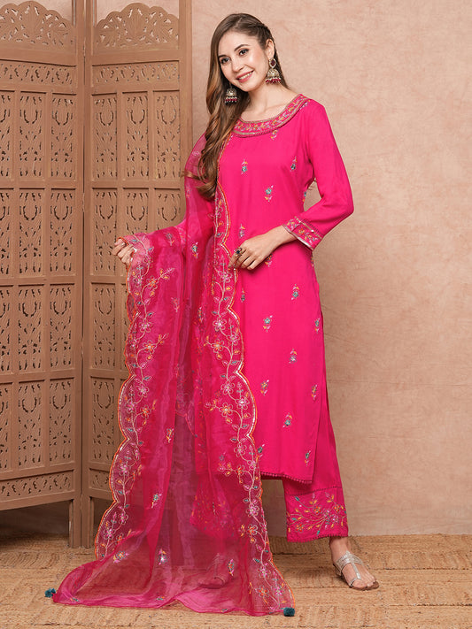Solid Floral Thread Embroidered Straight Kurta with Pant & Organza Dupatta - Pink