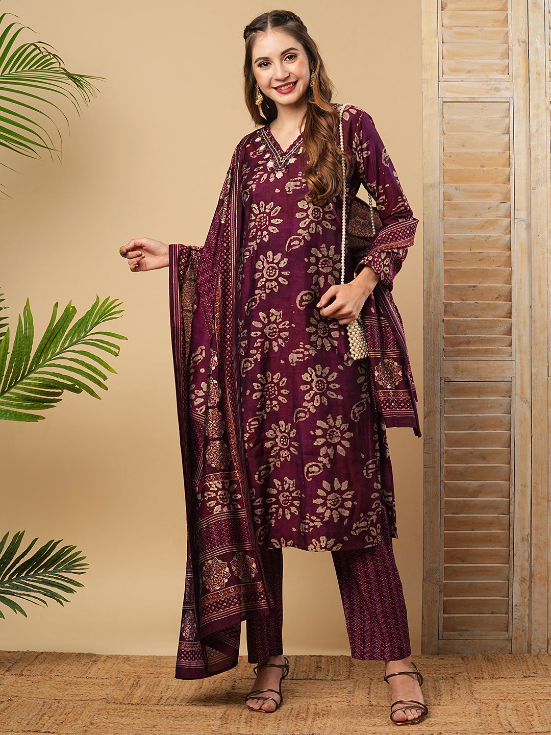 Ethnic Batik Style Printed Mirror Embroidered Kurta with Pants & Dupatta - Burgundy