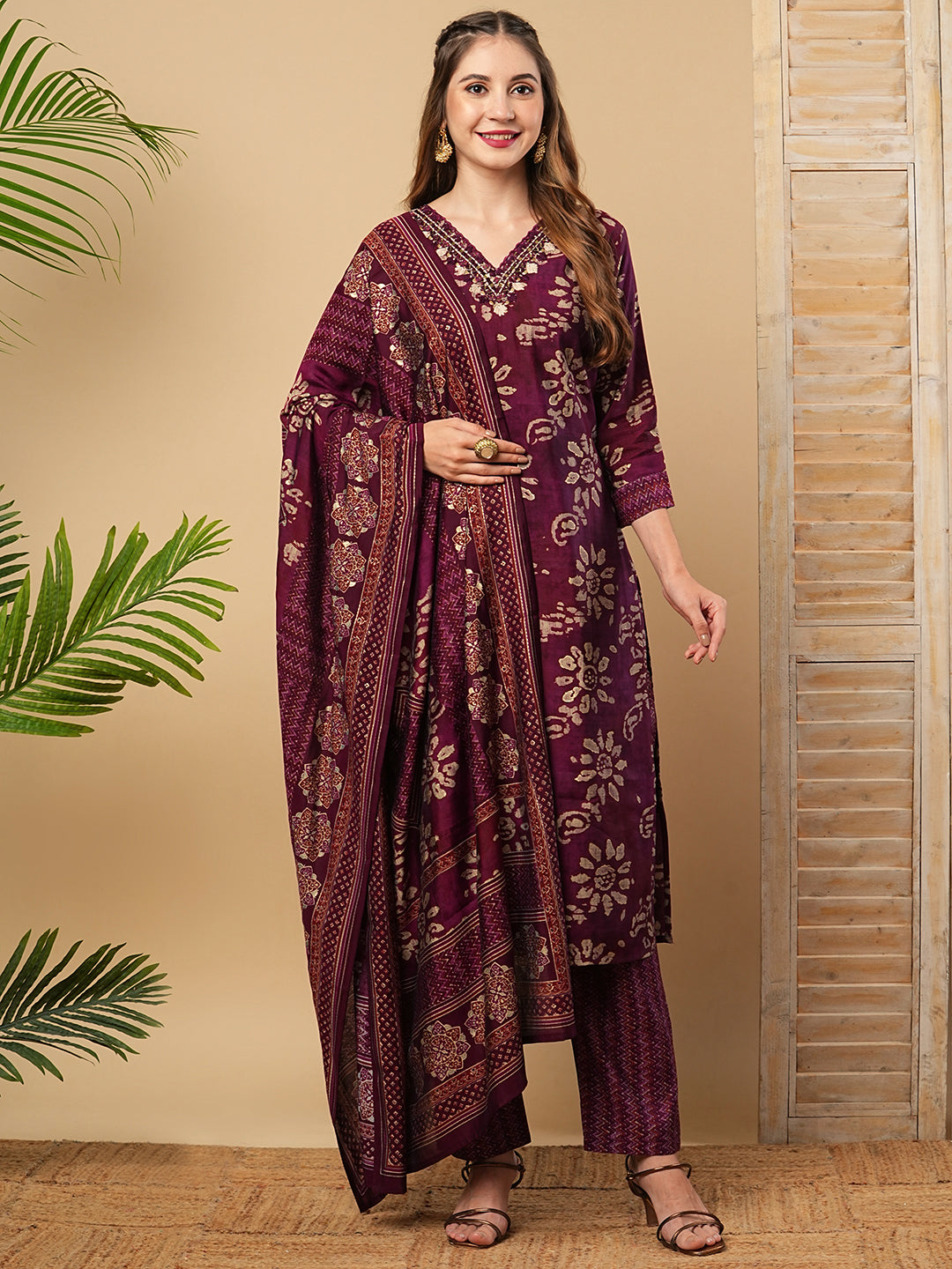 Ethnic Batik Style Printed Mirror Embroidered Kurta with Pants & Dupatta - Burgundy