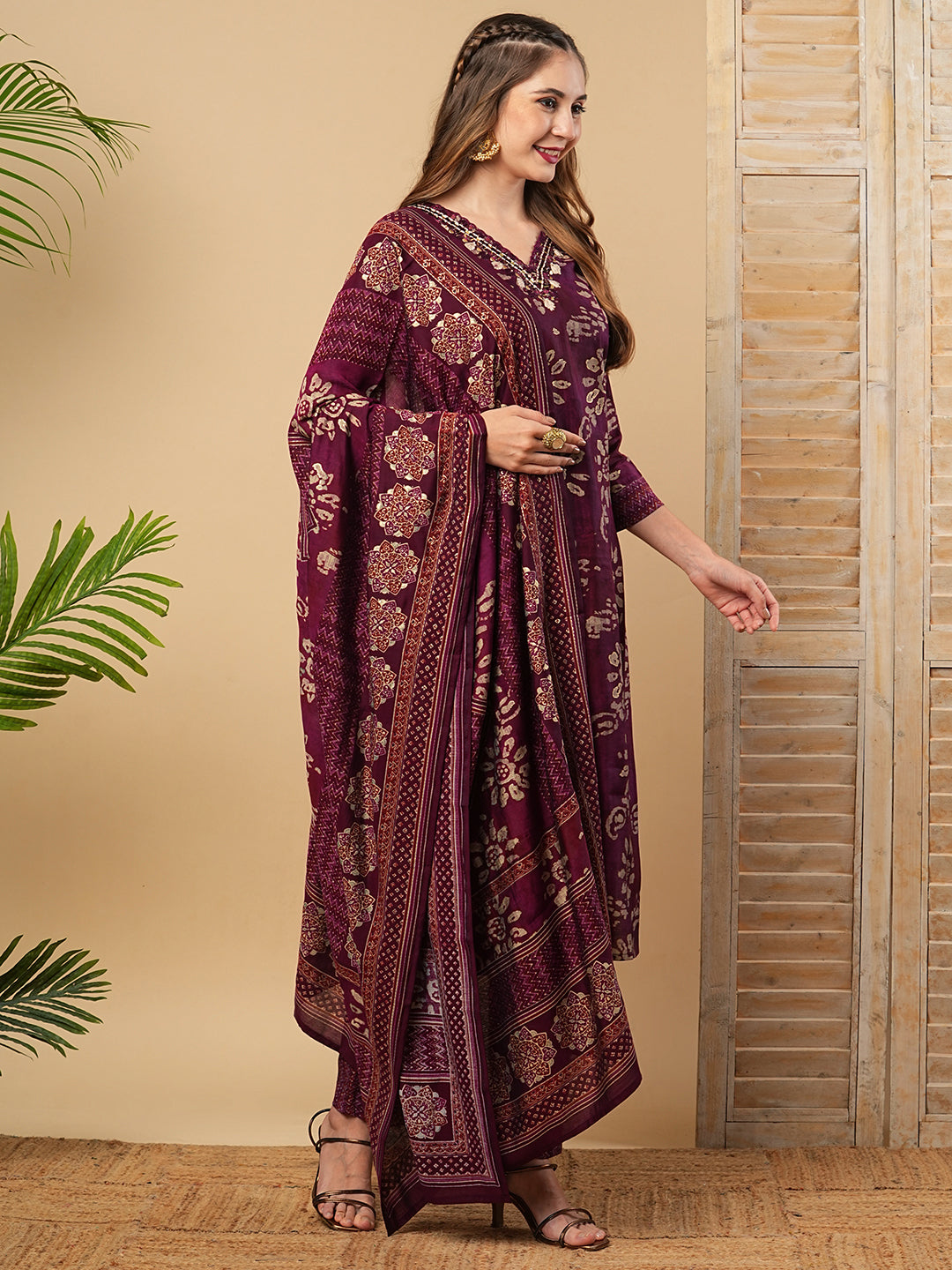 Ethnic Batik Style Printed Mirror Embroidered Kurta with Pants & Dupatta - Burgundy