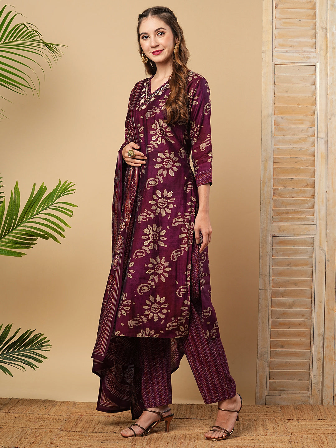 Ethnic Batik Style Printed Mirror Embroidered Kurta with Pants & Dupatta - Burgundy