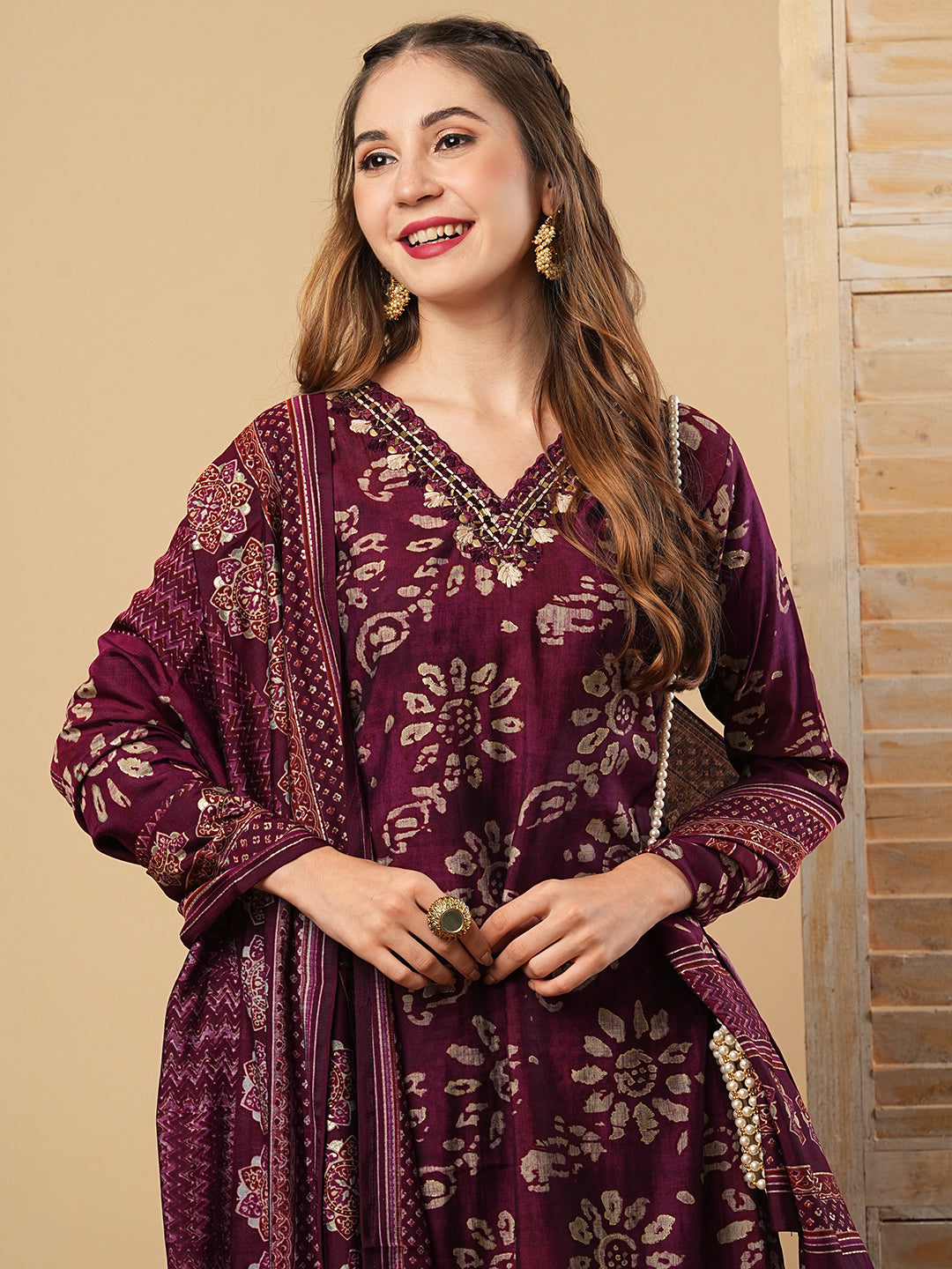 Ethnic Batik Style Printed Mirror Embroidered Kurta with Pants & Dupatta - Burgundy