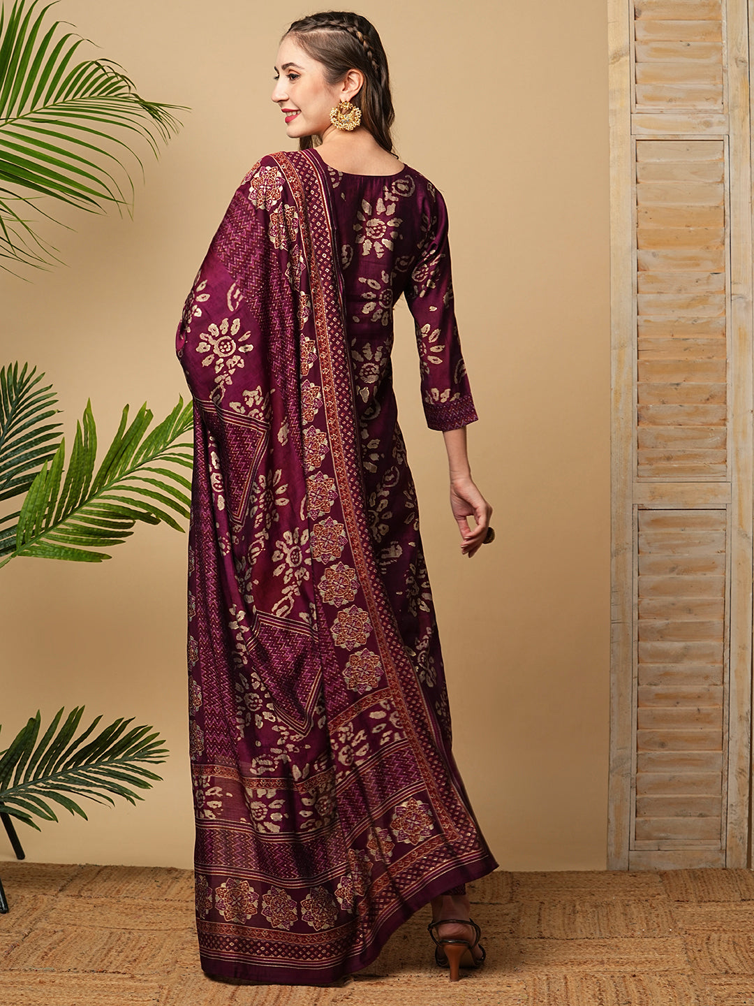 Ethnic Batik Style Printed Mirror Embroidered Kurta with Pants & Dupatta - Burgundy