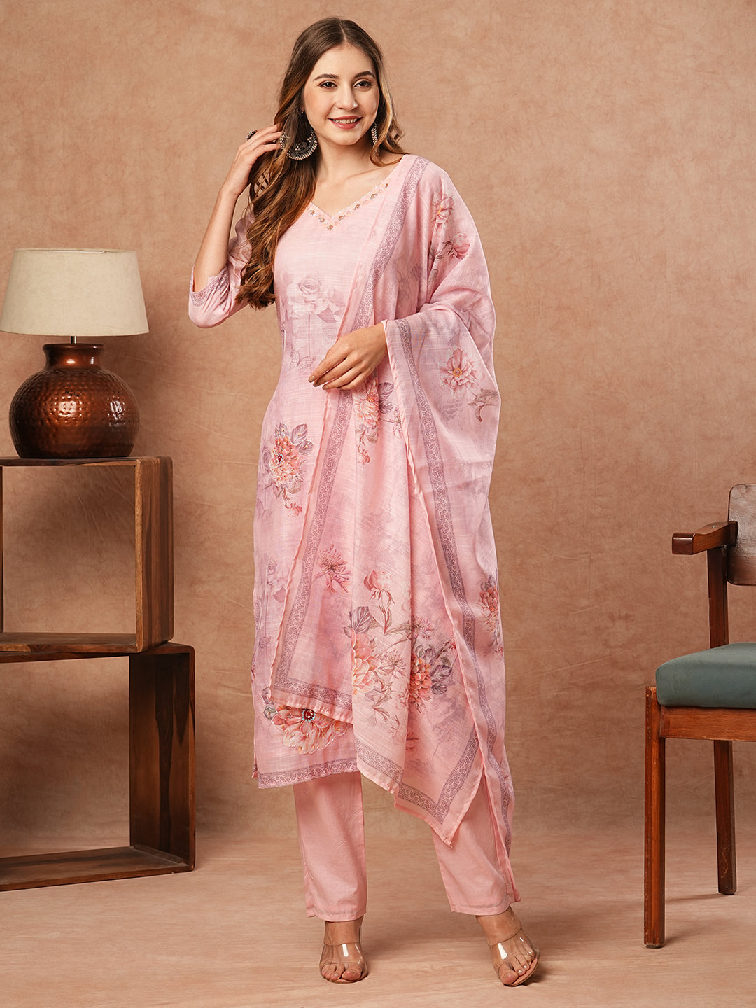 Floral Printed Sequins & Cutdana Embroidered Kurta with Pants & Dupatta - Pink