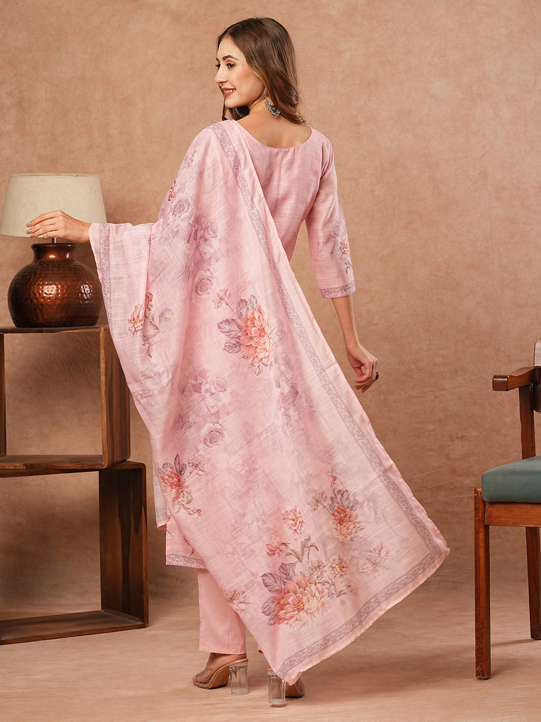 Floral Printed Sequins & Cutdana Embroidered Kurta with Pants & Dupatta - Pink