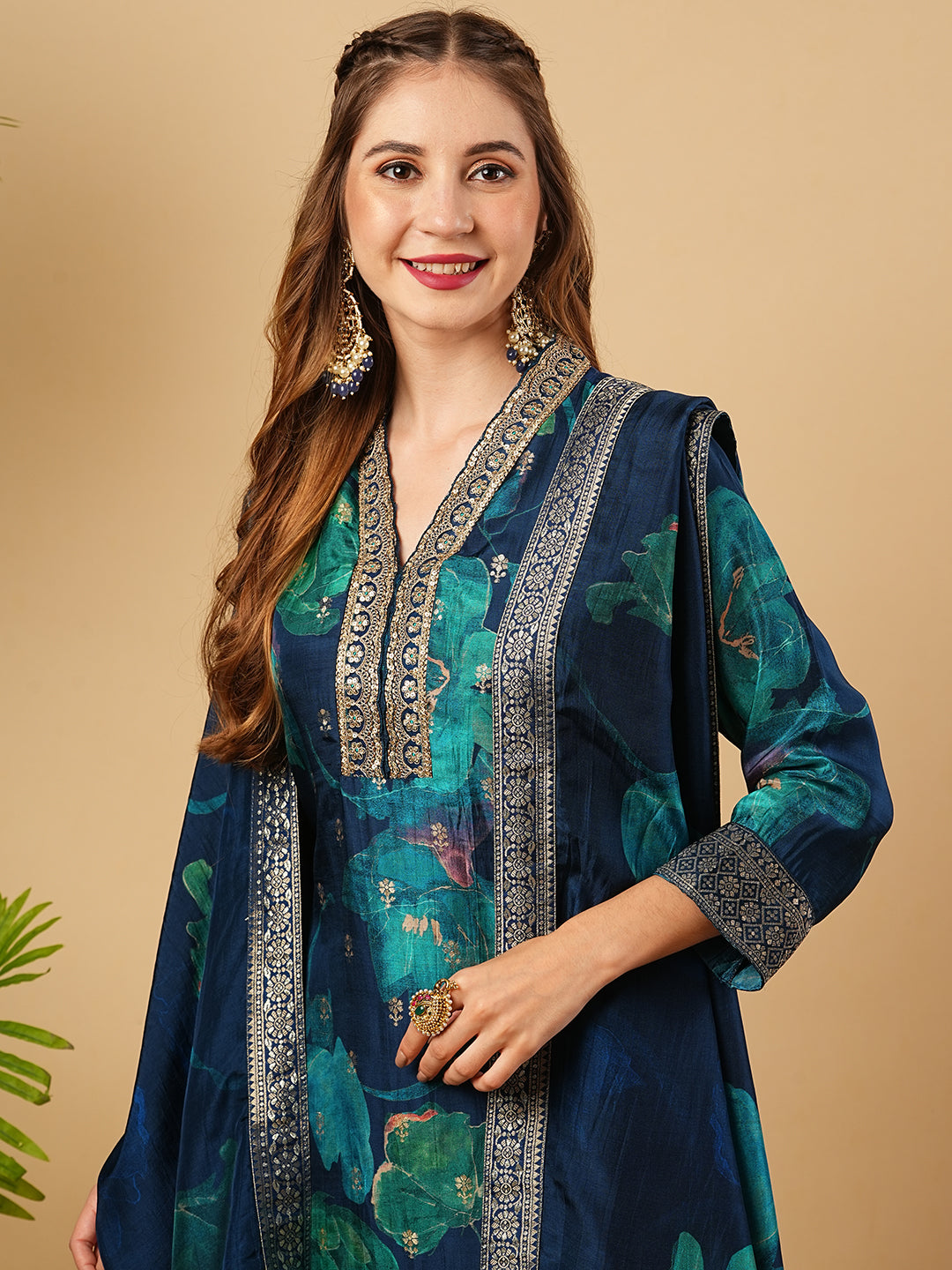 Ethnic Zari Embroidered Straight Kurta with Pant & Floral Printed Dupatta - Blue