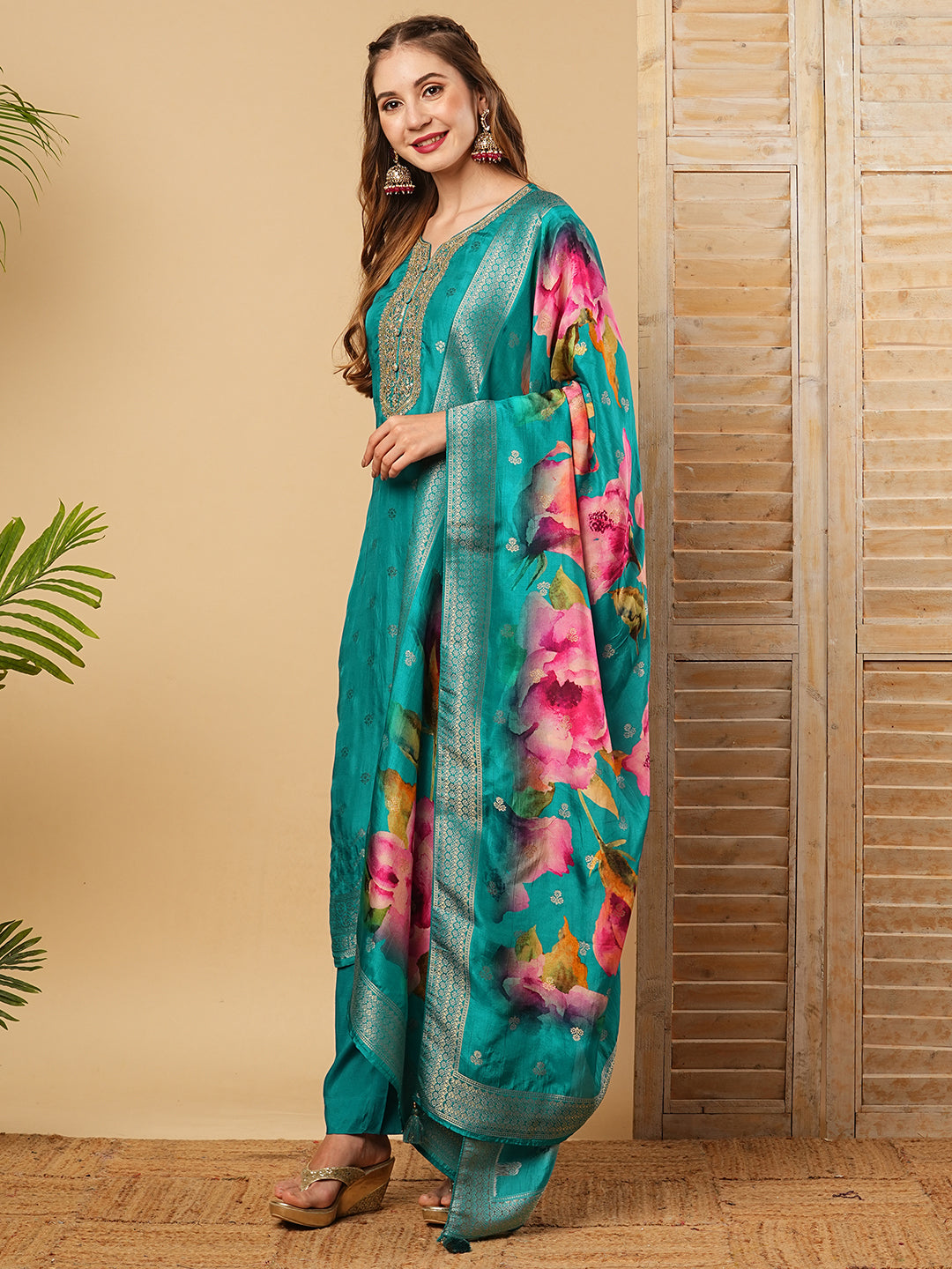 Ethnic Zari Embroidered Straight Kurta with Pant & Floral Printed Dupatta - Turquoise Blue