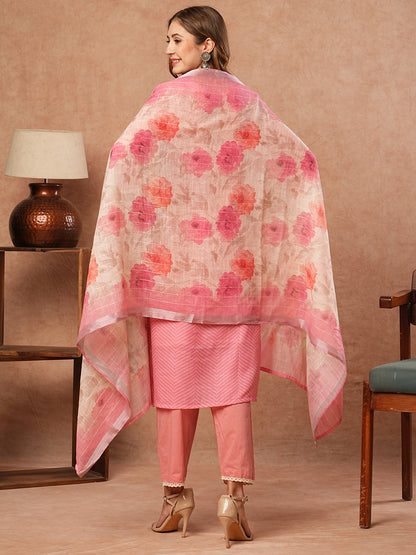 Chevron Printed Resham Embroidered kurta with Pants & Dupatta - Pink