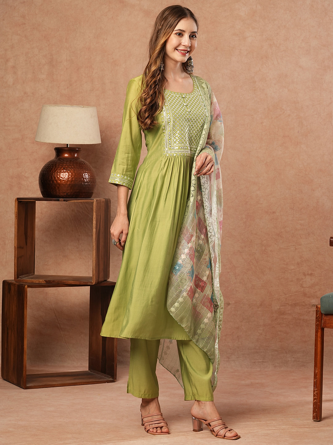 Solid Mirror & Sequins Embroidered A-Line Kurta with Pants & Crochet Lace Dupatta - Green