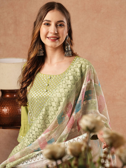 Solid Mirror & Sequins Embroidered A-Line Kurta with Pants & Crochet Lace Dupatta - Green
