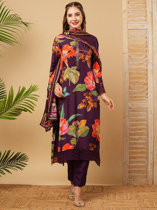 Floral Printed Mirror Embroidered Kurta with Pants & Dupatta - Deep Violet