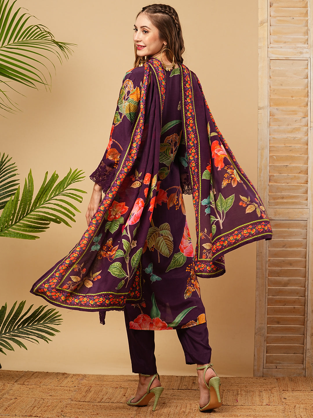 Floral Printed Mirror Embroidered Kurta with Pants & Dupatta - Deep Violet