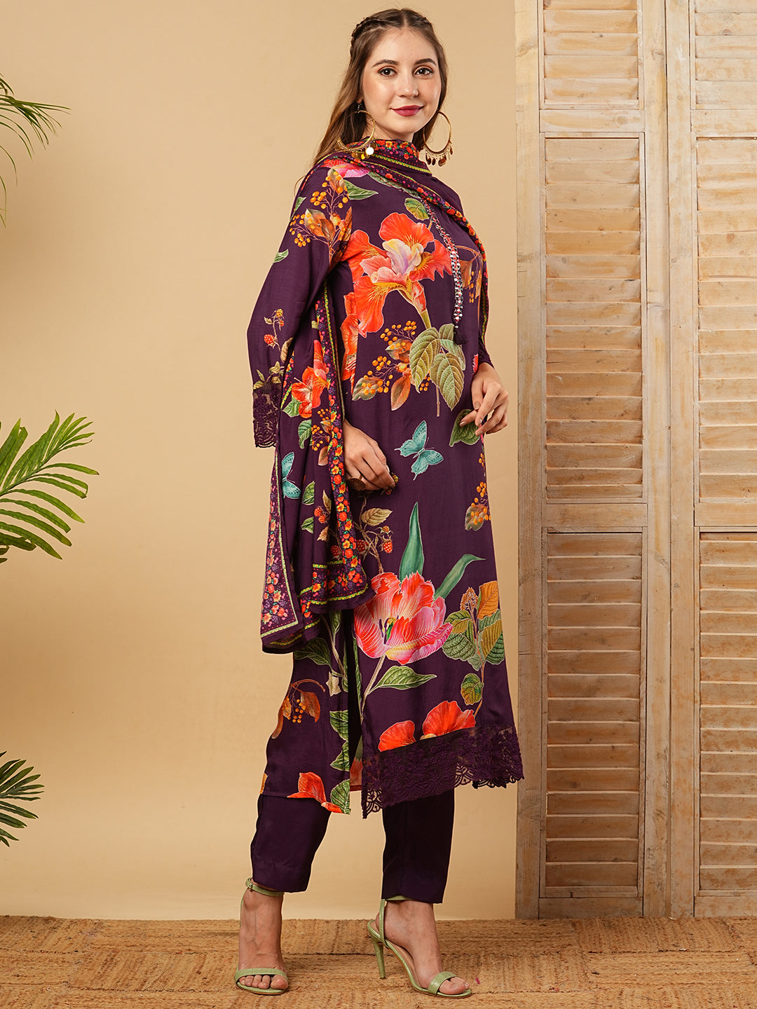 Floral Printed Mirror Embroidered Kurta with Pants & Dupatta - Deep Violet