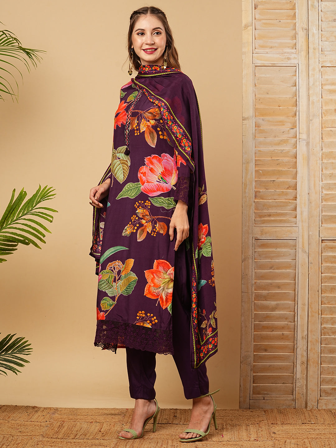 Floral Printed Mirror Embroidered Kurta with Pants & Dupatta - Deep Violet