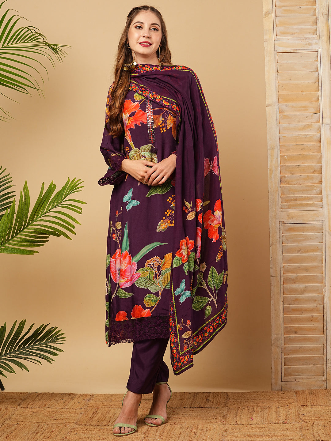 Floral Printed Mirror Embroidered Kurta with Pants & Dupatta - Deep Violet