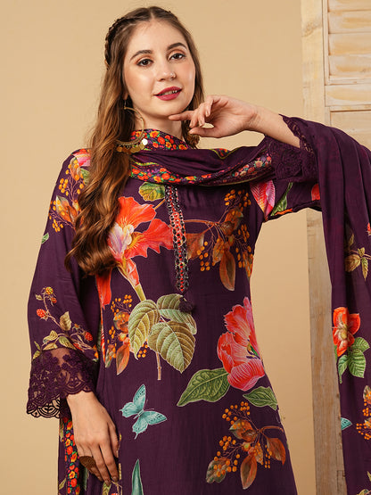 Floral Printed Mirror Embroidered Kurta with Pants & Dupatta - Deep Violet