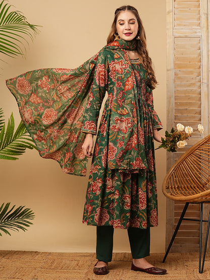 Floral Block Printed Mirror Embroidered Pleated Kurta with Pants & Dupatta - Green