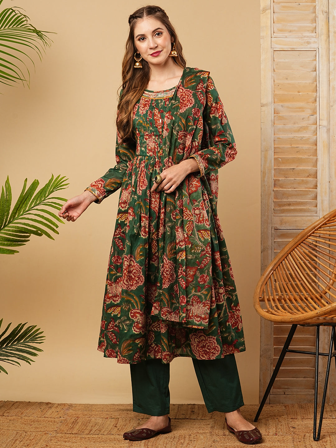 Floral Block Printed Mirror Embroidered Pleated Kurta with Pants & Dupatta - Green