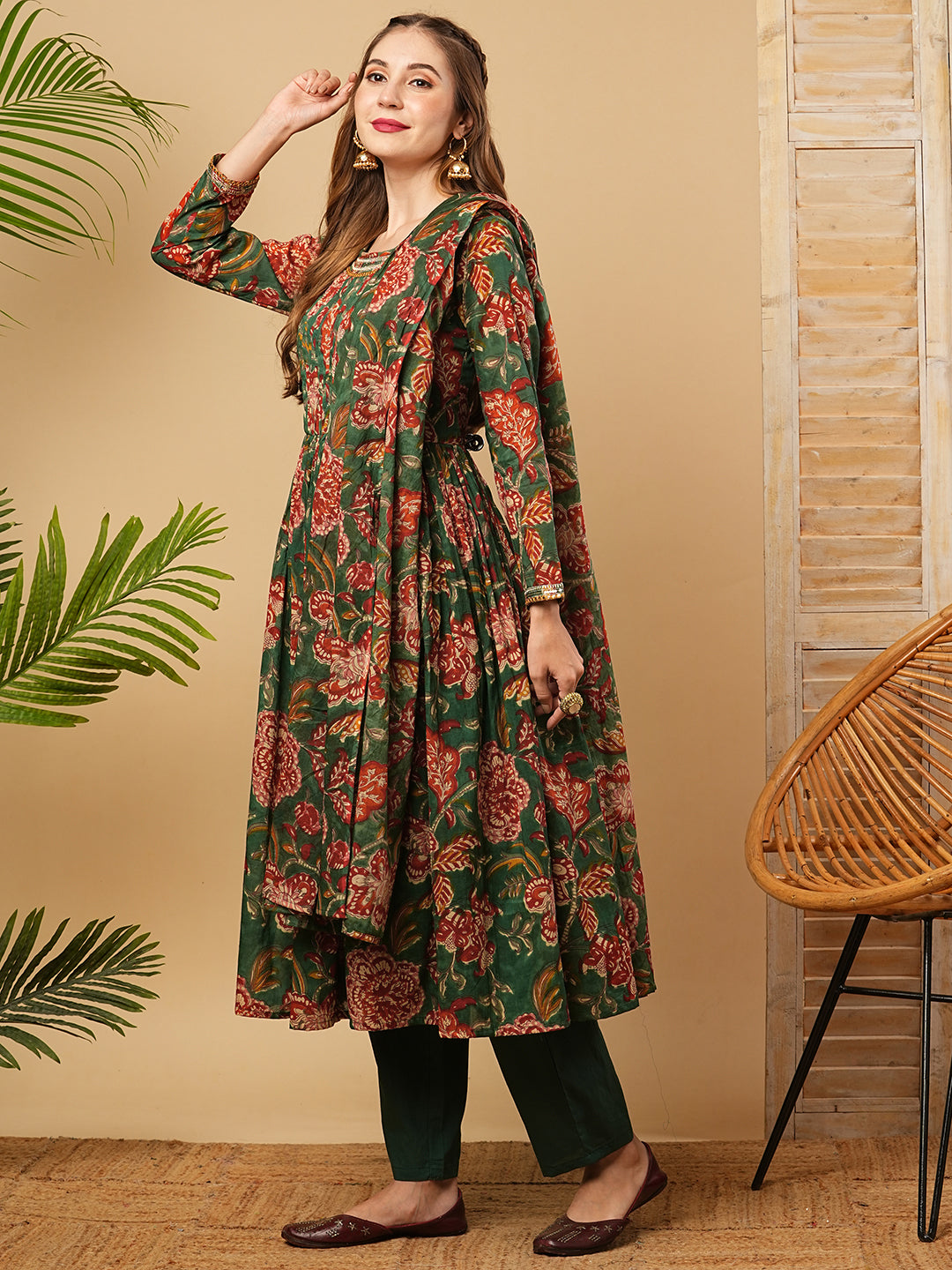 Floral Block Printed Mirror Embroidered Pleated Kurta with Pants & Dupatta - Green