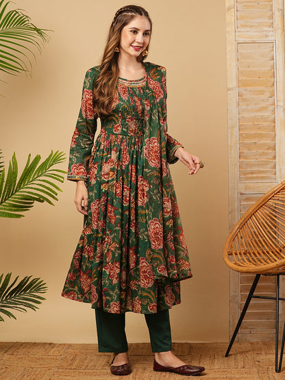 Floral Block Printed Mirror Embroidered Pleated Kurta with Pants & Dupatta - Green