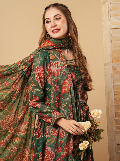 Floral Block Printed Mirror Embroidered Pleated Kurta with Pants & Dupatta - Green