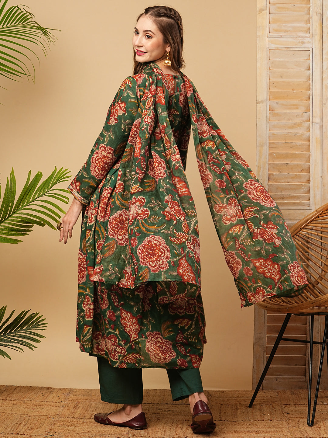 Floral Block Printed Mirror Embroidered Pleated Kurta with Pants & Dupatta - Green