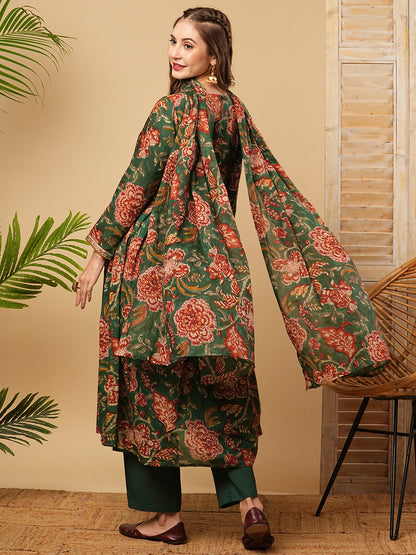 Floral Block Printed Mirror Embroidered Pleated Kurta with Pants & Dupatta - Green