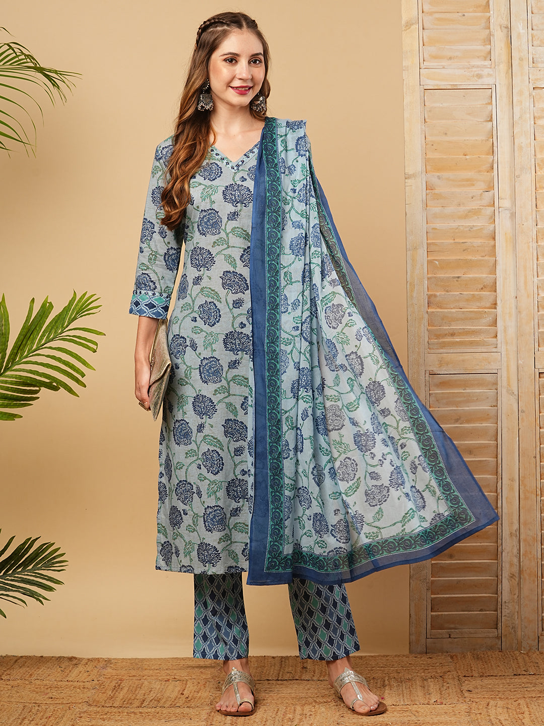 Floral Printed Mirror & Resham Embroidered Kurta with Pants & Dupatta - Blue